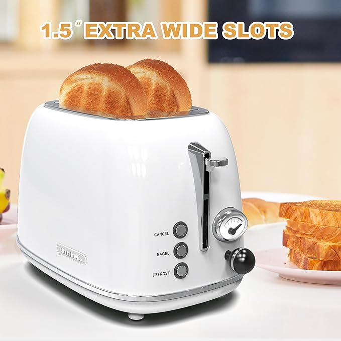 Toaster 2 sliceRetro Stainless Steel Toaster with 6 Settings 1.5 In Extra Wide Slots Bagel/Defrost/Cancel Function Removable Crumb Tray (White)
