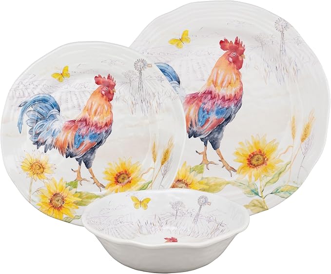 UPware 12 Piece Sunshine Rooster Melamine Dinnerware Sets Outdoor Dishes Set Plates and Bowls Sets Service for 4 Multicolor