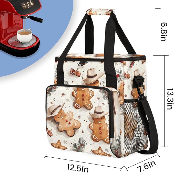 Retro Gingerbread Man Coffee Maker Carrying Bag Portable Travel Storage Tote Bag Compatible with K-Mini or K-Mini Plus Single Serve Coffee Brewer Carrying Case with Multiple Pockets &amp Shoulder S