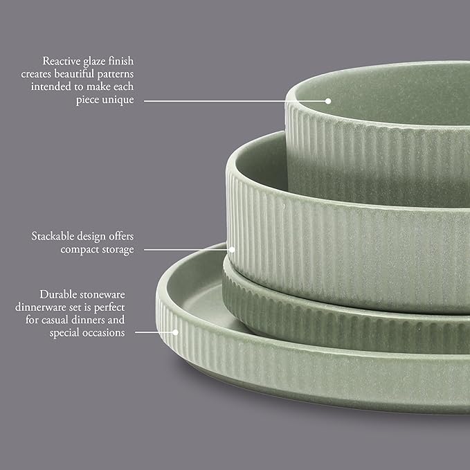 Gibson Elite Deerfield 16-Piece Stoneware Dinnerware Set – Matte Green Stackable Plates and Bowls Reactive Glaze Finish Service for 4 – Microwave &amp Dishwasher Safe