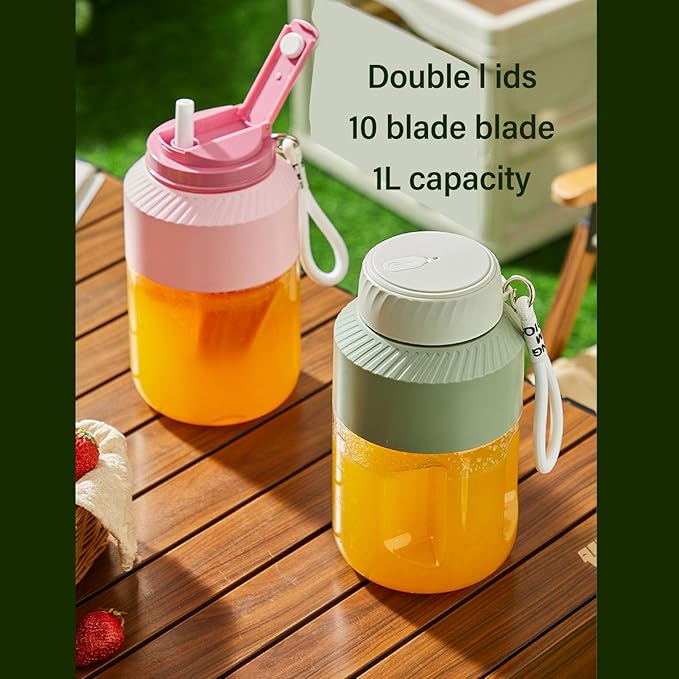 Portable Blender 1L Dual Lid Rechargeable Cordless Blender with Hanging Strap 18000 RPM 10 - Blade Juicer Cup for Outdoor Travel Gym Party Use (Green)