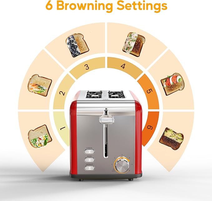 HealSmart 2-Slice Stainless Steel Toaster 6 Browning Setting and 3 Function Toaster Extra Wide Slot &amp Removable Crumb Tray for Bread &amp Waffle Red