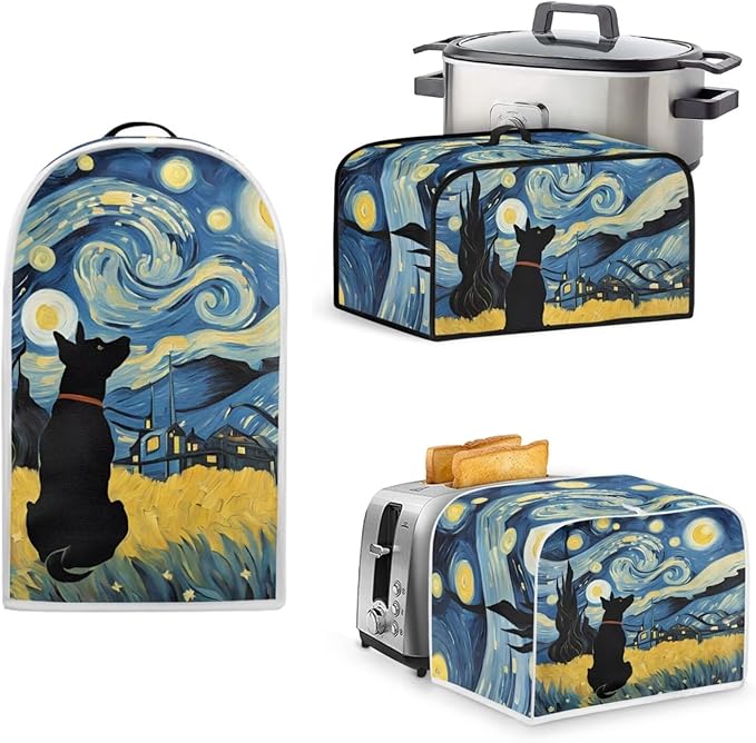 Starry Night Dog Reusable Toaster Cover Juicer Blender Cover Slow Cooker Cover Set Crock Pot Cover Bread Machine Dust Cover Fits for Most Standard 4 Slice ToastersHome Decoration (Blue)