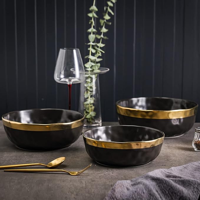Stone Lain Florian Porcelain 3-Piece Round Bowl Service Set Black with Gold Rim