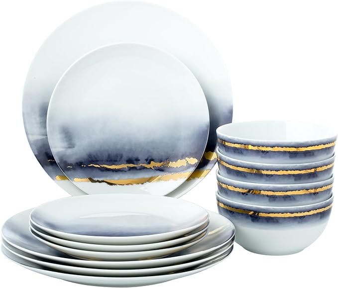 Joseph Sedgh Collection “Lazuli” 12-Piece Porcelain Dinnerware Set Service for 4 Blue and Gold