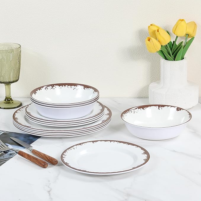 Melamine Dinnerware Set-12 Piece Melamine Plates and Bowls Set for 4Lightweight yet Durable Dish SetCamping/RV Unbreakable Serving Dishes Dishwasher Safe Off White