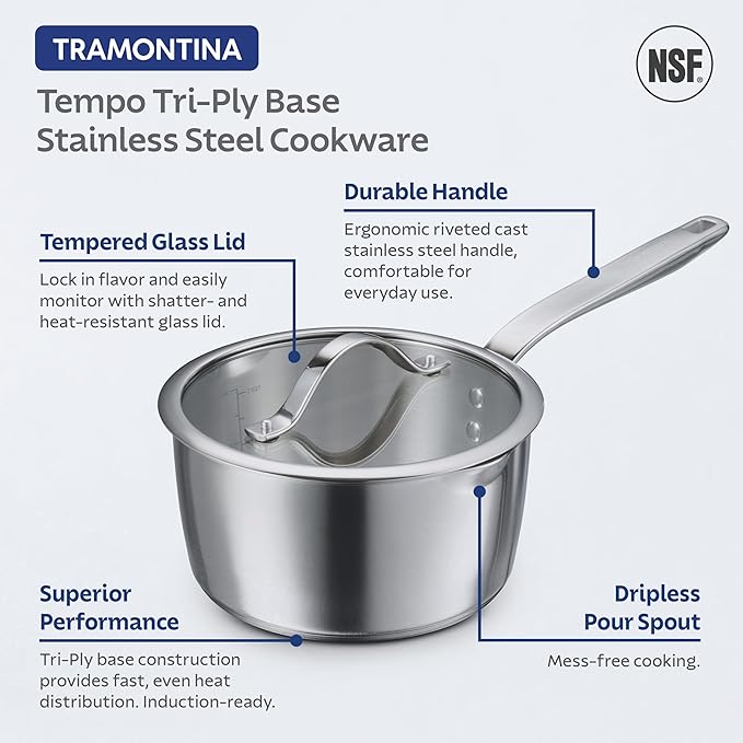 Tramontina Tempo Tri-Ply Base Stainless Steel 7-Piece Cookware Set with Glass Lids Pots and Pans Kitchen Set Induction-Ready Oven-Safe Dishwasher-Safe