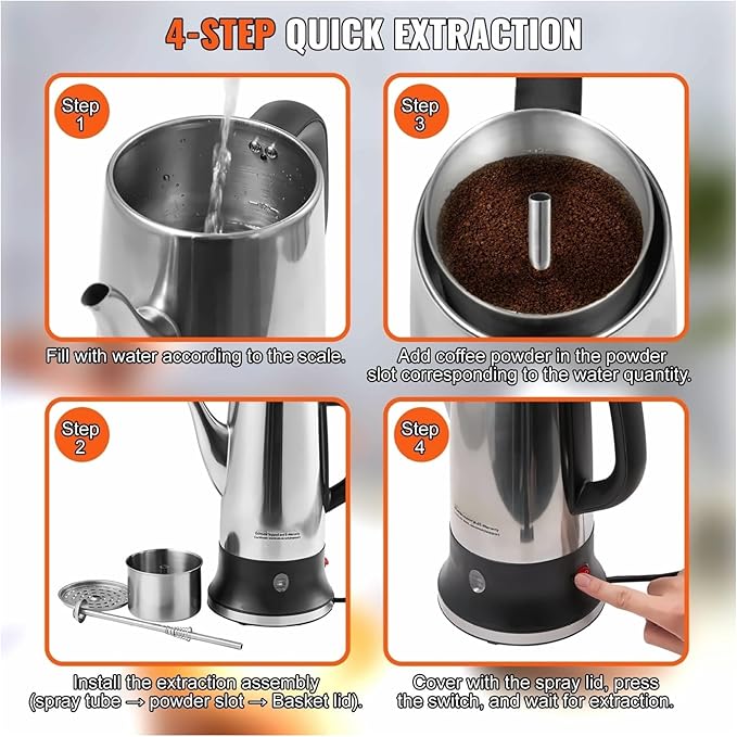 Electric Percolator Coffee Pot 12-Cup Stainless Steel Coffee Maker Keep Warm Quick Brew Easy Pour Spout 1.8L Capacity Silver