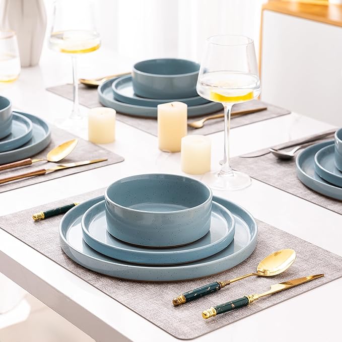 AmorArc Ceramic Dinnerware Set for 6 | Speckled Stoneware Plates and Bowls with Rustic Terracotta Underside| Scratch ResistantDishwasher &amp Microwave Safe Dishes Sets- 18pcs Blue