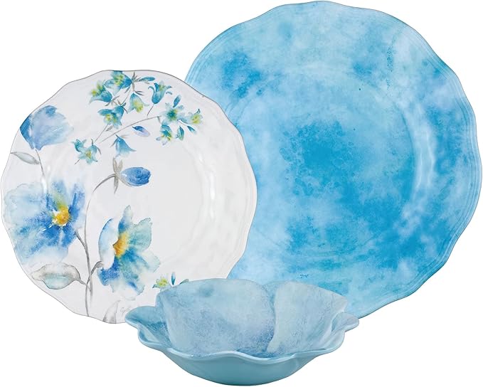 UPware 12 Piece Campanula Melamine Dinnerware Sets Outdoor Dishes Set Plates and Bowls Sets Service for 4 Sky Blue