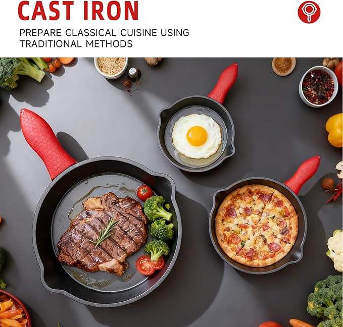 3 piece set cookware set 6 8 10 Inches for frying saute &ampmore easy use in the oven stove grill or campfire black with silicone heat-resistant cover