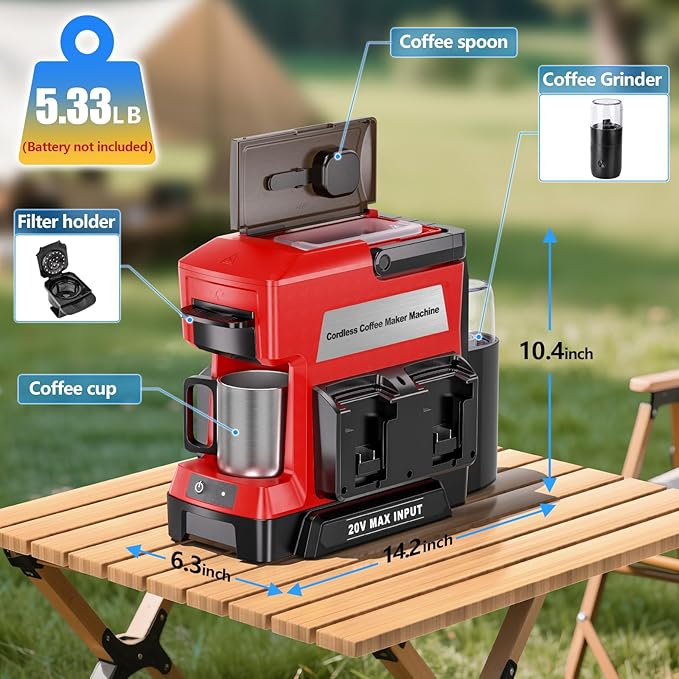 Taingwei Cordless Coffee Maker for Milwaukee M18 18V Battery Portable Drip Coffee Maker with Electric Coffee Grinder for RV Camping Travel Car Hiking (Battery Not Included)