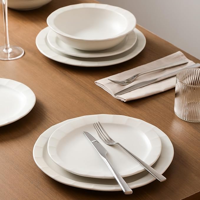 Stone Lain Oasis Stoneware 24 Piece Dinnerware Set Home Kitchen Dish Set with Dinner Plates Salad Plates &amp Bowls - Service for 8 White