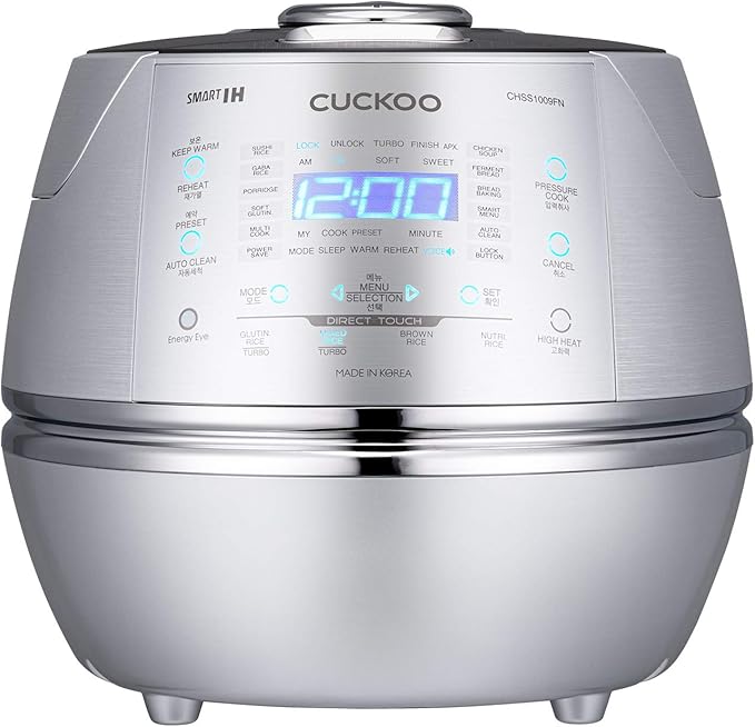CUCKOO High Pressure Rice Cooker 10-Cup Uncooked / 20-Cup Cooked with Induction Heating Technology Large Rice Maker with 17 Menu Options and Steam Plate Voice Guide Silver (CRP-CHSS1009FN)