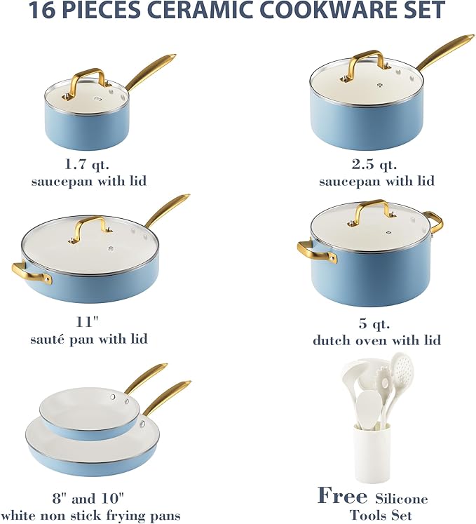 Ceramic Cookware Set VONIKI 16 Pcs Pots and Pans Set Non Stick Kitchen Cookware Sets with Cooking Utensils Set Non Toxic Cookware Set White Gold Pan Set for Cooking Pot Oven &amp Dishwasher Safe
