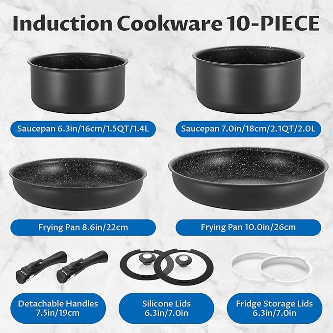 BEZIA Induction Cookware Set 10 Pieces Nonstick Pots and Pans Set with Removable Handles for All Hobs Stackable Design Dishwasher/Oven Safe PFAS Free