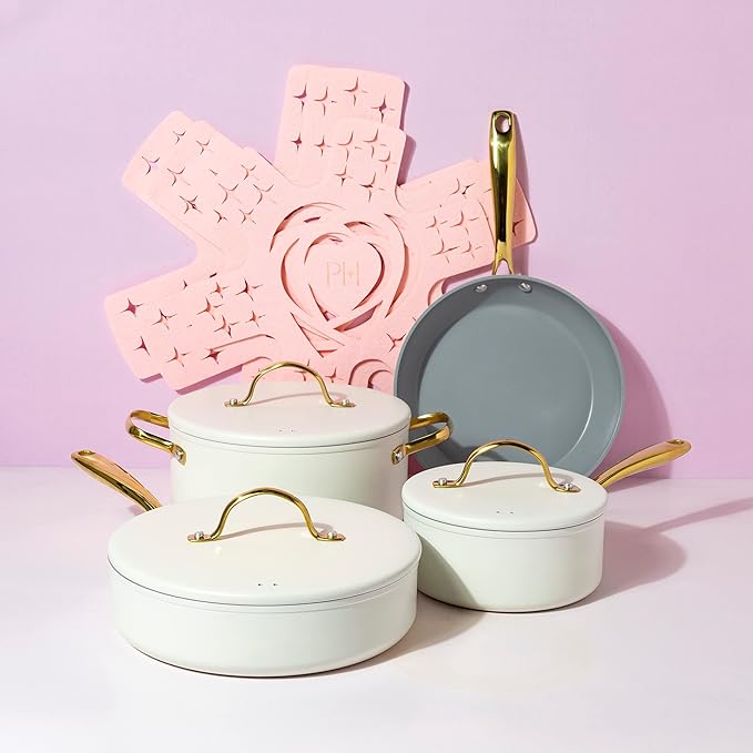Paris Hilton Iconic Nonstick Pots and Pans Set Multi-layer Nonstick Coating Matching Lids With Gold Handles Made without PFOA Dishwasher Safe Cookware Set 10-Piece Cream