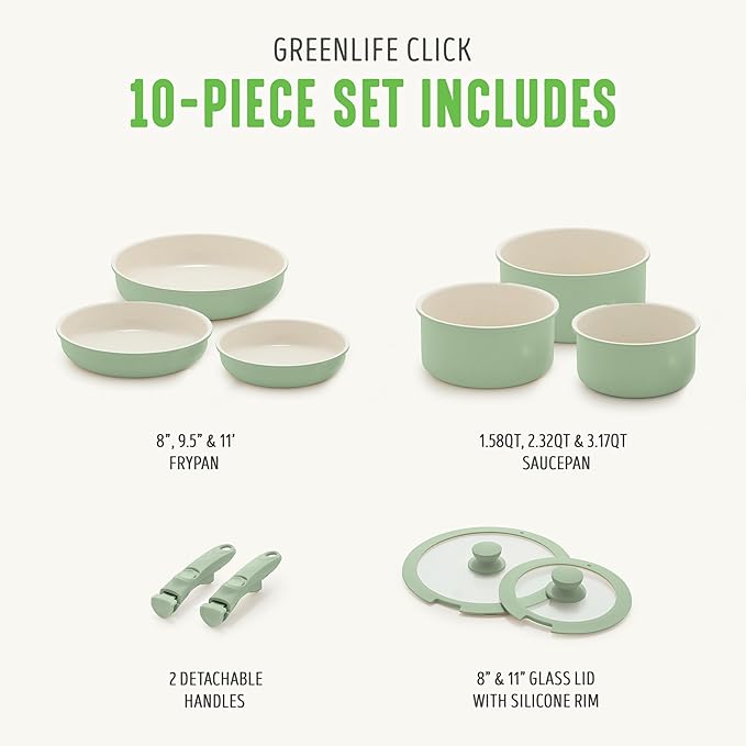 GreenLife 10 Piece Nonstick Pots &amp Pans Set Detachable Handle &amp Stackable Cookware Set Non Toxic PFAS-Free Skillets Induction Kitchen Pans Space Saving Serving Bowls Oven Safe Sage Gree