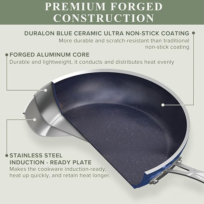 Nuwave Healthy Duralon Blue Ceramic Nonstick 12pc Cookware SetDiamond Infused Scratch-ResistantPFAS FreeDishwasher &amp Oven SafeInduction Ready &amp Evenly Heats Tempered Glass Lids Stay-Cool