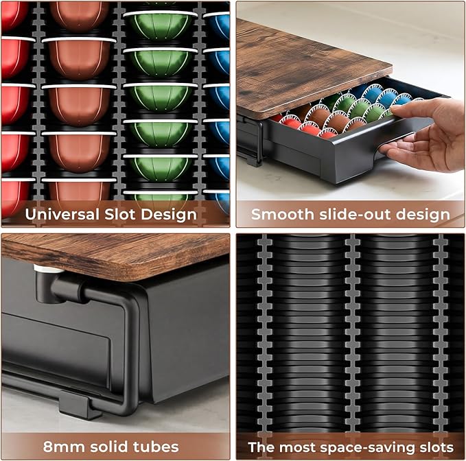 EVERIE Wooden Coffee Pod Storage Drawer for Nespresso VertuoLine Capsules Large Capacity Countertop Coffee Station Organizer Rustic Brown