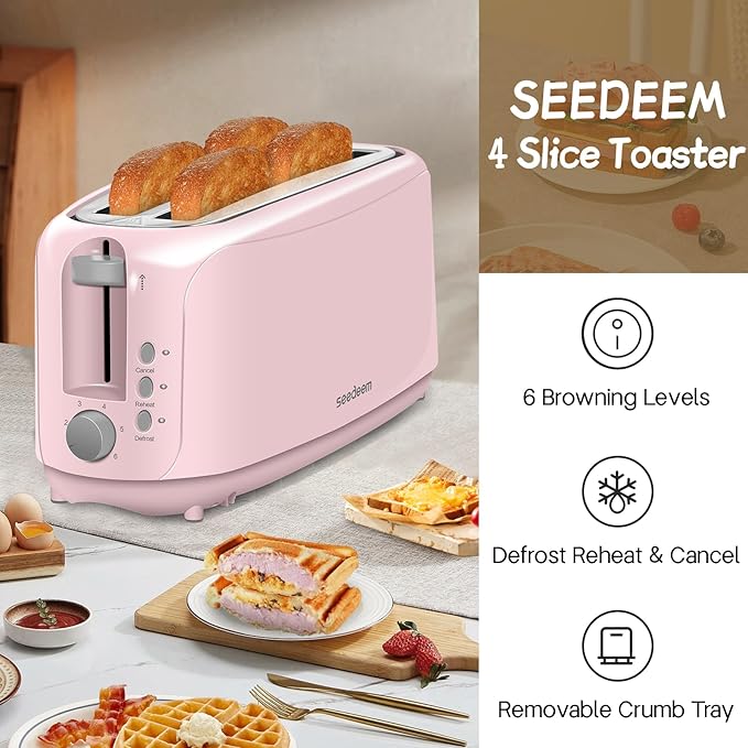 SEEDEEM 4 Slice Toaster Extra Wide Slots Bread Toaster with 6 Shade Settings Bagel/Cancel/Defrost/Reheat Functions Removable Crumb Tray Auto Shut-Off Pink