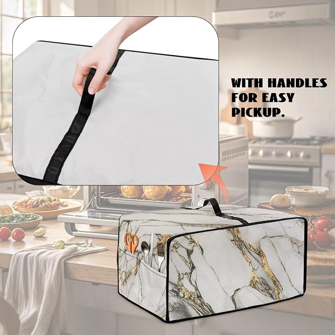 Toaster Oven Dustproof Cover Waterproof Bread Machine Protector with Handle Top Universal Fit Decorative Small Appliance Cover Gift White Marble - M