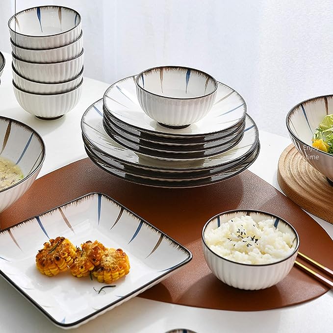 New Dinnerware Sets Ceramics Dinner Sets 31 Pieces -Style Dinnerware Set | Stripe Porcelain Cereal Bowl and Steak Plate for Restaurant and Family Gathering