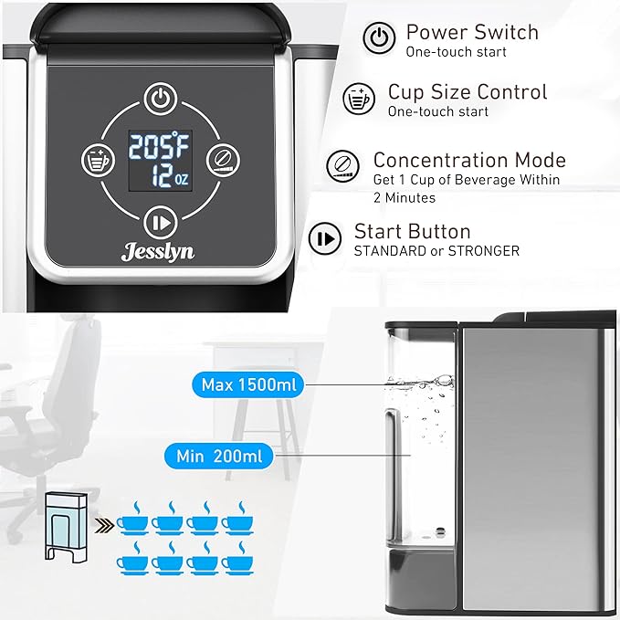 Jesslyn Single Serve Coffee Maker with Bold Setting 52oz Removable Water Tank Compatible with Coffee Pods &amp Grounds 6-14oz Adjustable Brew Sizes Includes Reusable Filter (Black)