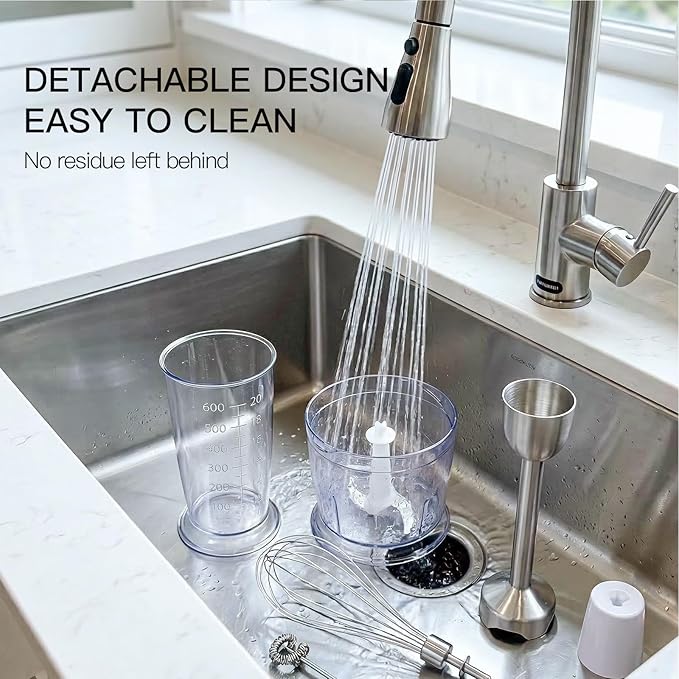 Megawise HB-2043 1000W 5-in-1 Immersion Hand Blender Powerful Stick Blender with Variable Speed &amp Turbo Stainless Steel Blades Includes Whisk Milk Frother Chopper &amp Beaker(White)