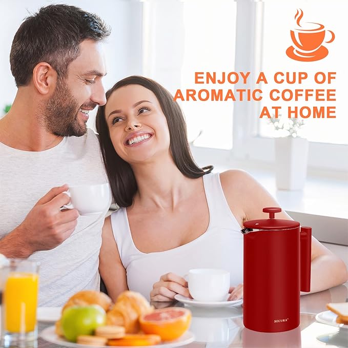 Secura French Press Coffee Maker 304 Grade Stainless Steel Insulated Coffee Press with 2 Extra Screens 34oz (1 Litre) Red