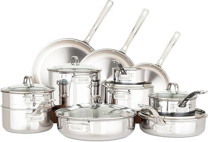 Viking 3-Ply Pots and Pans Set 17 Piece Stainless Steel Cookware Glass Lids Steamer Insert Silver
