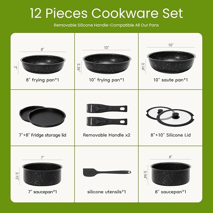 12-Piece Black Non-Stick Cookware Set with Detachable Handle &amp Spatula Universal Stovetop &amp Oven Safe Complete Pots and Pans Set for Kitchen