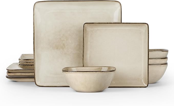 E-far Square Plates and Bowls Sets 12-Piece Stoneware Dinnerware Sets for 4 Reactive Glaze Dish Set Chip and Scratch Resistant Microwave and Dishwasher Safe Sandy Beige