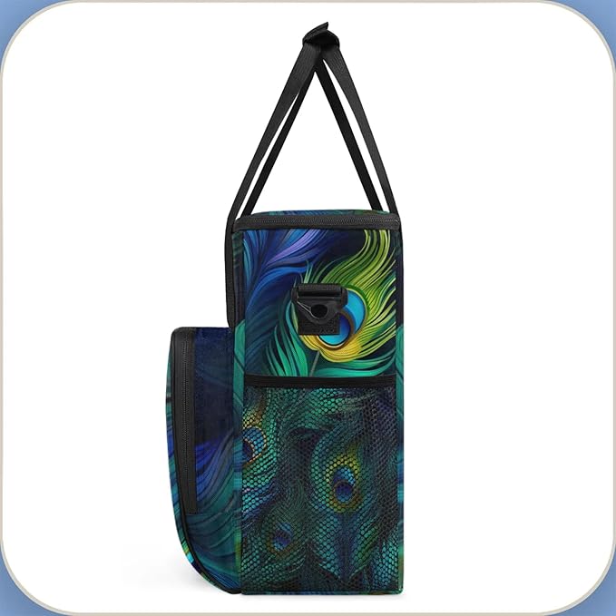 Peacock Feather Travel Coffee Maker Carrying Bag Large Organizer Storage Tote Bag Insulated Reusable Cooler Grocery Bags