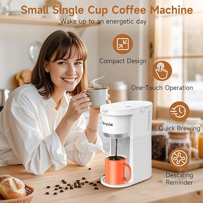 Small Single Serve Coffee Maker Fast Brew One Cup Coffee Machine for K Cup and Grounds 6 to 12 oz. Brew Sizes Capsule Coffee Machine with Descaling Reminder and Viewing Tank White