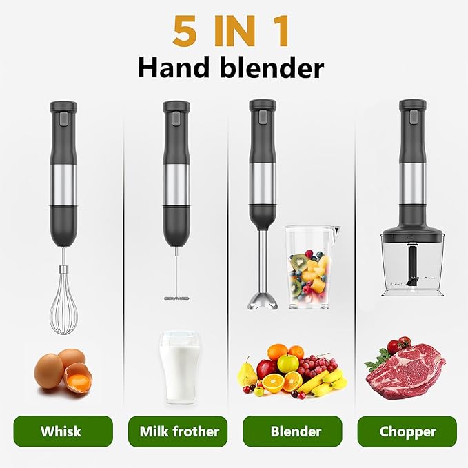Cordless Immersion Hand Blender 5-in-1 Variable Speed blender handheldRechargeable with 2000mAh Battery BPA-Free &amp Dishwasher-Safe Accessories:700ml BeakerChopperWhisk &amp Milk FrotherGrey