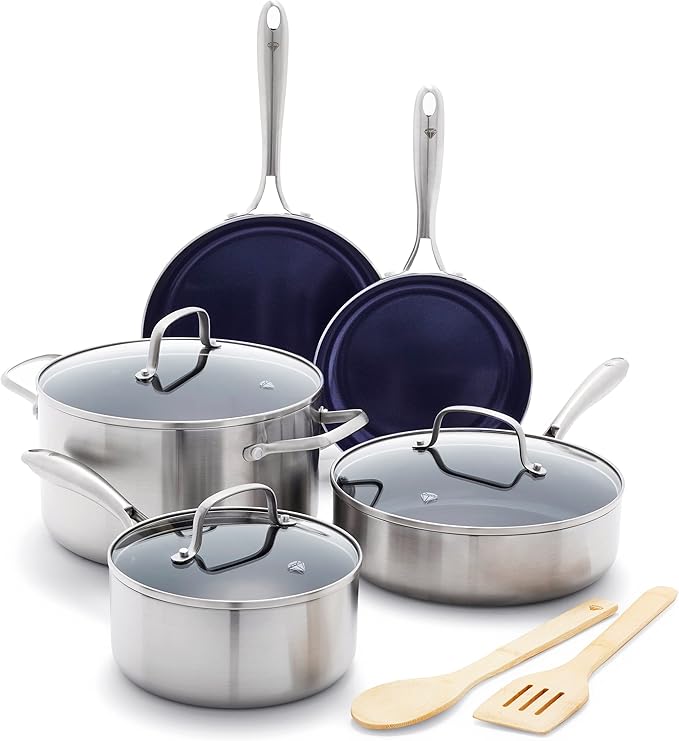 Blue Diamond HD Stainless Steel Clad Pro 10 Piece Cookware Pots and Pans Set Diamond Infused Ceramic Nonstick PFAS-Free Dishwasher Safe Oven and Broiler Safe Silver