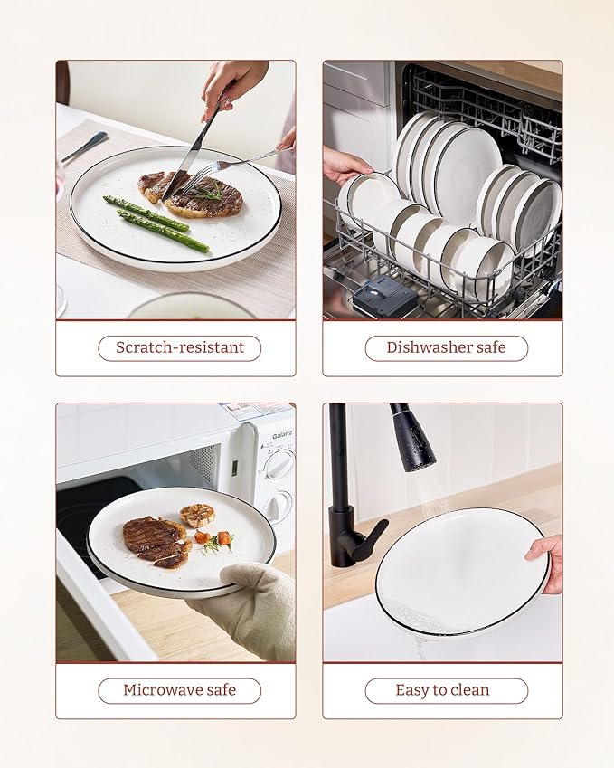 Famiware Porcelain Dinnerware Set 12-Piece Modern Plate and Bowl Set Dish Set for 4 Microwave and Dishwasher Safe Tableware White with Black Trim