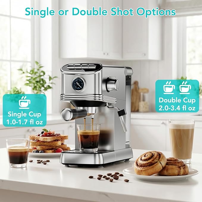Espresso Machine 20 Bar Stainless Steel Espresso Maker with Steam Milk Frother Compact Coffee Machine with 45oz Removable Water Tank for CappuccinoLatte&ampCold Brew Home&ampOffice