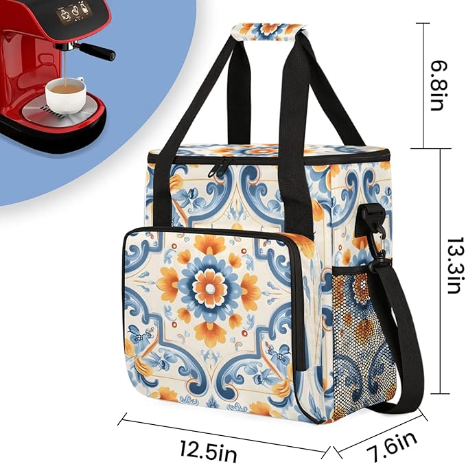 Floral Theme Coffee Maker Travel Bag for Keurig K-Mini/K-Mini Plus Insulated Waterproof Tote with Pockets for K-Cup Portable Single-Serve Brewer Case
