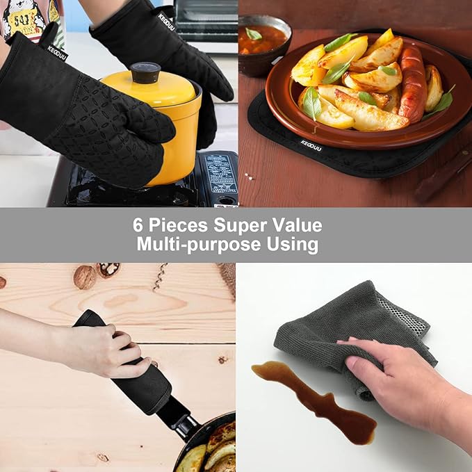 KEGOUU Oven Mitts and Pot Holders 6pcs Set Kitchen Oven Glove High Heat Resistant 500 Degree Extra Long Oven Mitts and Potholder with Non-Slip Silicone Surface for Cooking (Black)