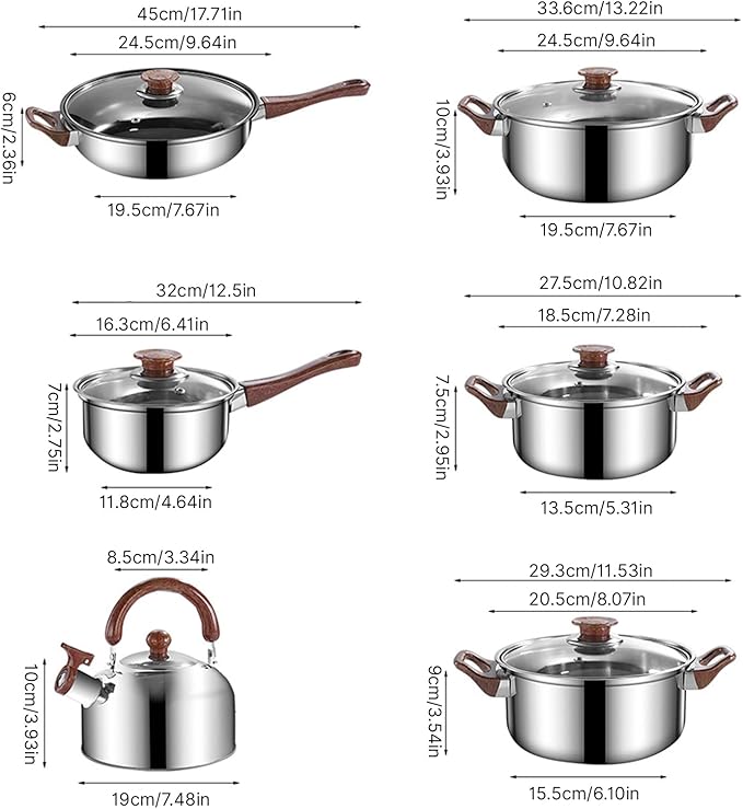 12Pcs Pots and Pans Set Nonstick Stainless Steel Cookware Set with Lids 3L Kettle Induction Compatible Dishwasher Safe PFOS PFOA for Home Kitchen Cooking Silver
