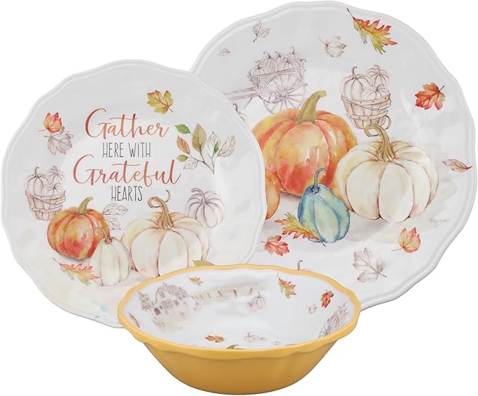 UPware 12 Piece Pumpkin Season Melamine Dinnerware Sets Outdoor Dishes Set Plates and Bowls Sets Autumn Thanksgiving Decorations Service for 4 Orange