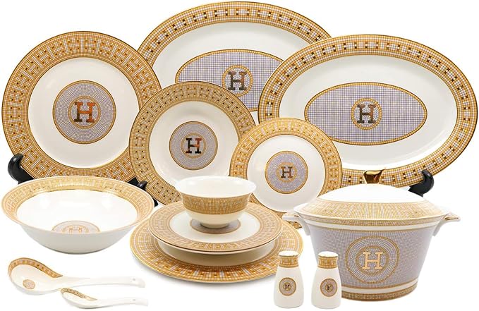 Royalty Porcelain 44 Piece Dinnerware - Gorgeous Set for 6 - Mosaic Design with Gold Detailing - Dining Plates Bowls Tureen and Serving Pieces - For Everyday Dishes or Formal Occasion