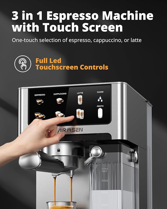AIRMSEN 20 Bar Espresso Machine with Automatic Milk Frother Cappuccino &amp Latte Coffee Maker with Quick Brew Dual Boiler (1350W + 1000W) Stainless Steel 60oz Water Tank Touchscreen