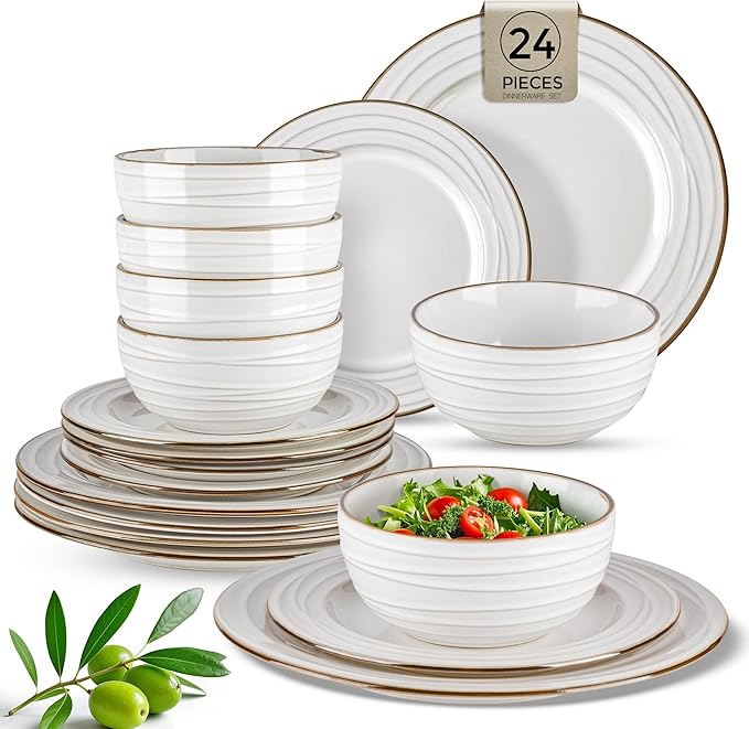 GBHOME Ceramic Dinnerware Sets 24 pcs Embossed Elegant Stoneware Plates and Bowls Sets Housewarming Wedding Gift | Dishwasher &amp Microwave Safe | Dishes Set Service for 8