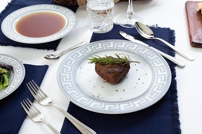Porcelain 12 Piece Dinnerware Set - Service for 4 - Gorgeous Silver Greek Key Inspired Design - Includes Kitchen Plates Ceramic Dishes Set for 4 (Meander Silver)