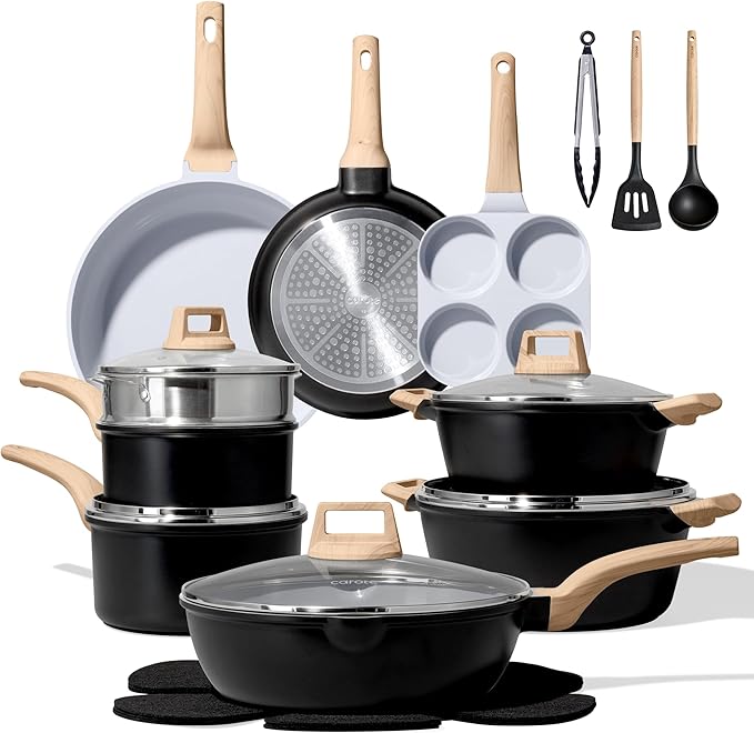 CAROTE 21pcs Pots and Pans Set Nonstick Cookware Set Black Induction Kitchen Cooking Set w/Frying Pans &amp Saucepans(PFOS PFOA Free)