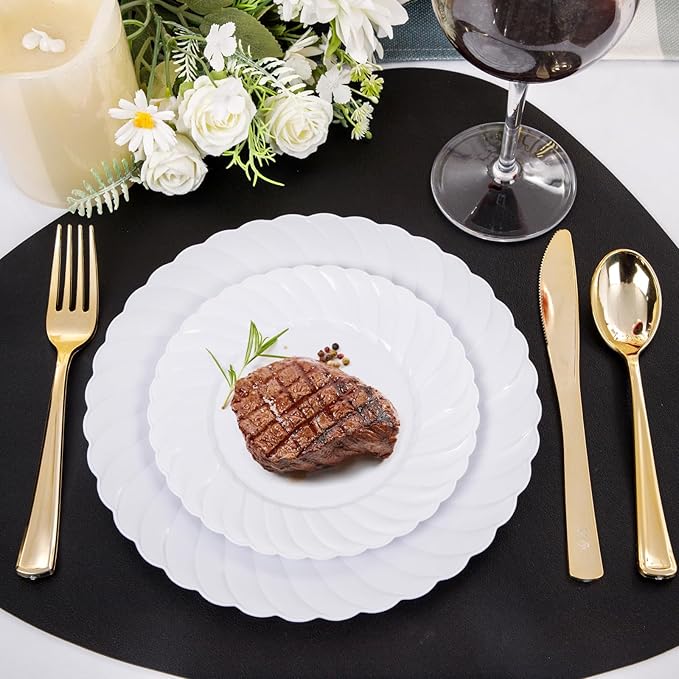 U-QE 100 Pieces White Plastic Plates - Premium White Disposable Plates for Wedding and Party Use Including 50PCS 9 '' Dinner Plate &amp 50PCS 6.5 '' Dessert Plate