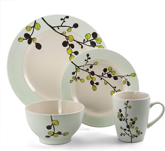 Elama RETROBLOOM Retro Bloom 16 Piece Luxurious Stoneware Dinnerware with Complete Setting for 4 16pc Green
